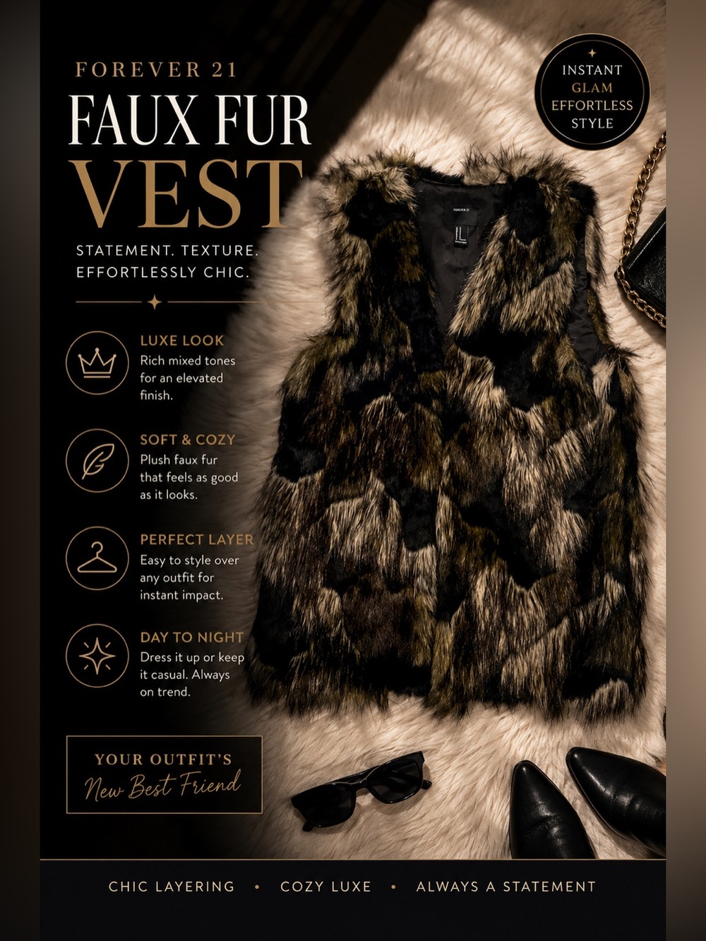 Forever 21 Shaggy  Faux Fur Vest Brown Black Statement Layering Piece Mob Wife